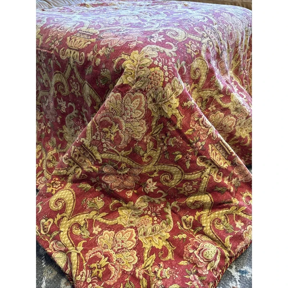 Waverly Reversible Damask Floral Comforter Burgundy Gold Sage Rope Trim Heavy